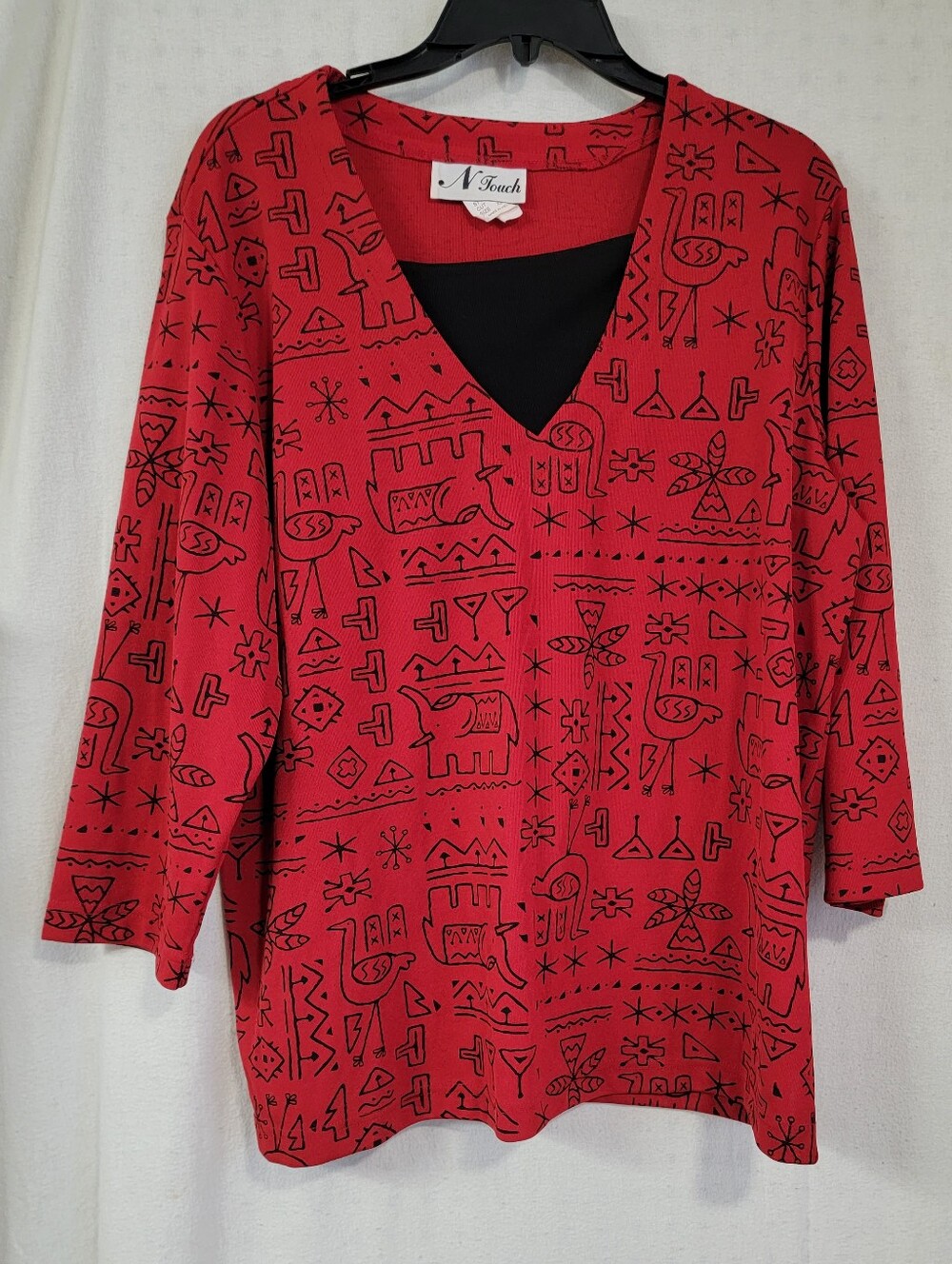 Red V-Neck Patterned Women's Top